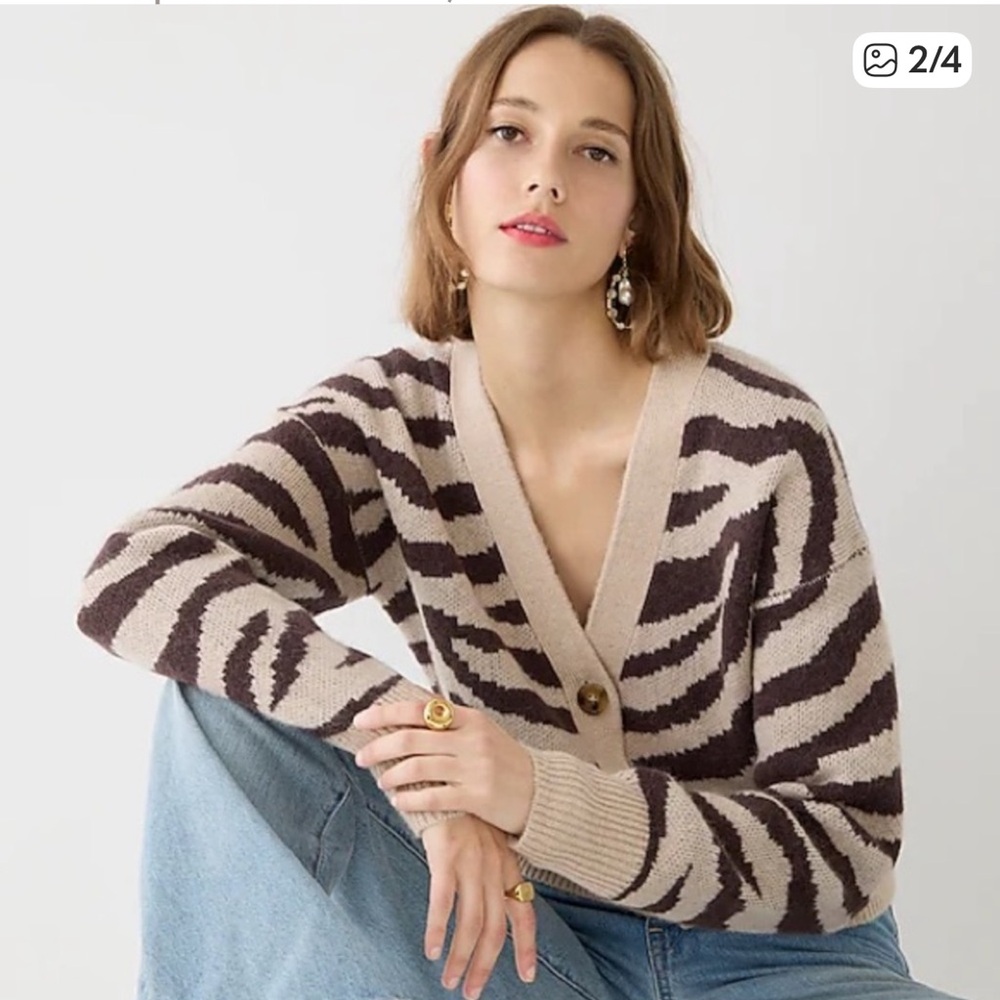 J. Crew Zebra V- Neck Alpaca & Wool Blend Button Up Cardigan Sweater, Small